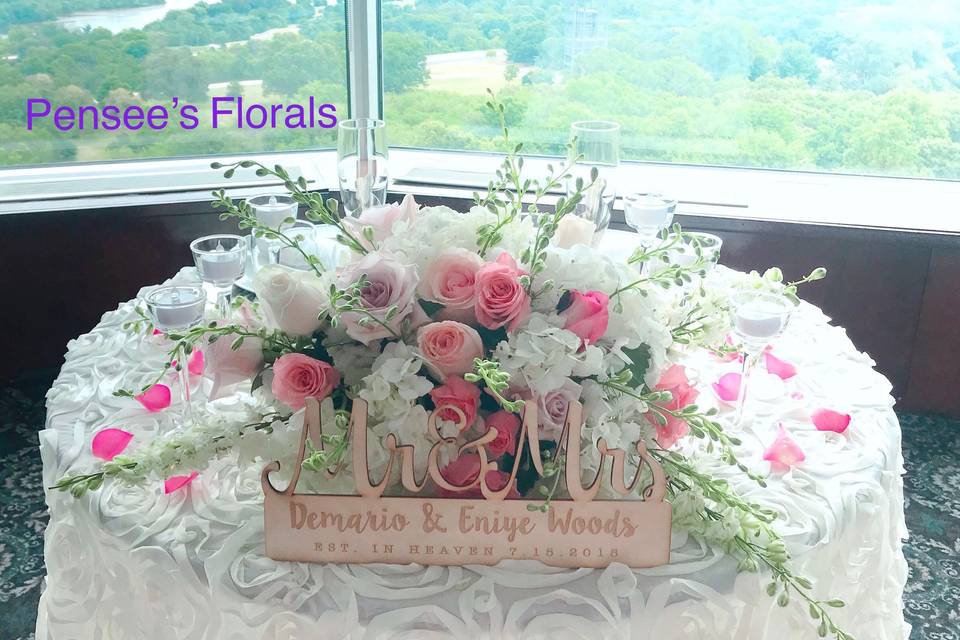 Beautiful cake docrated with gorgeous blush, pink and white flowers.