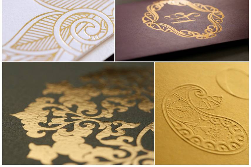 These are examples of gold foil details & embossed details from our work