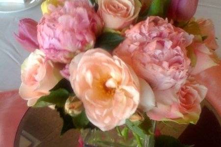 Beautiful late Spring combination of Peonies, Garden roses and tulips