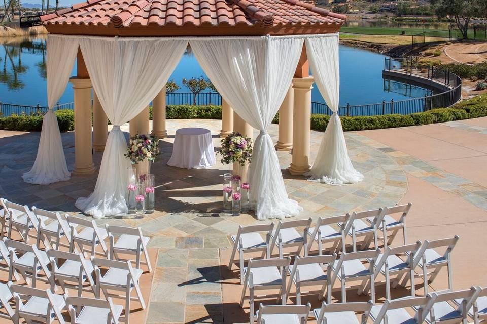 An evening reception under sunset skies