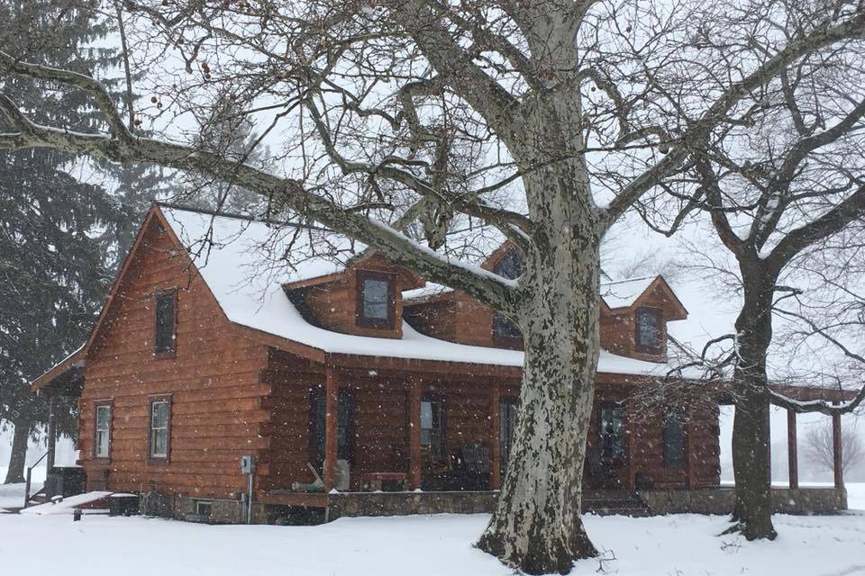Log house on snowy day