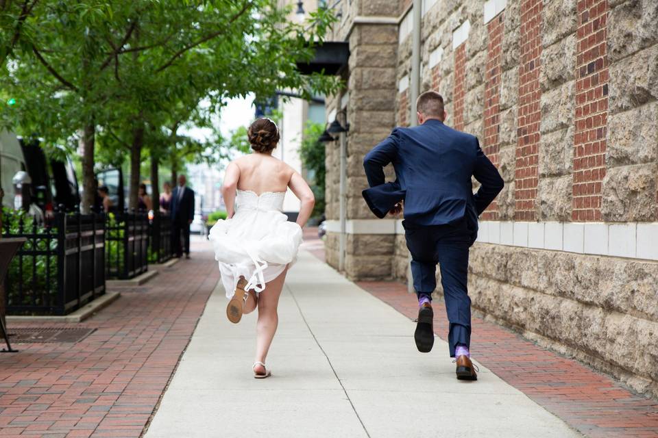 Bride and groom racing