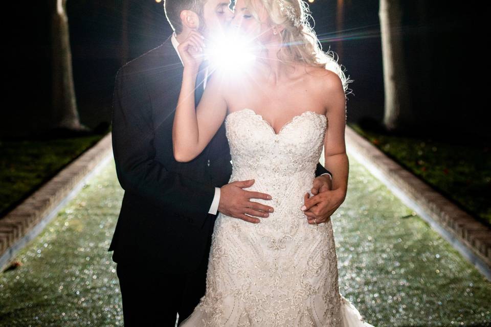 Bride and groom at night