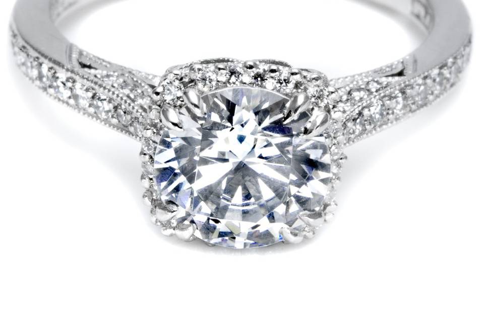 <b>Tacori Engagement Ring w/ Pave Set Diamonds</b><br>This ring features round brilliant pave-set diamonds around the center diamond as well as on the shoulders of the band. This setting comes in a smaller and larger size for center diamonds less than 1.10ct and greater than 2.00ct.