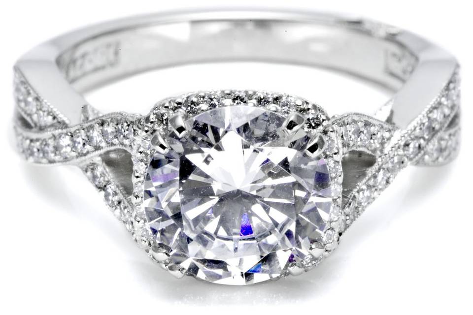 <b>Tacori Engagement Ring with Pave-Set Diamonds</b><br>This ring includes a ribbon twist band and diamond spotlight enhancers which bloom the center stone and give it depth and dimension.