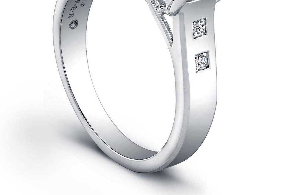 <b>Jeff Cooper Trellis Engagement Ring w/ Princess Cut Side Stones</b><br>This setting by Jeff Cooper features four burnished princess cut side diamonds and will show off your choice of a center diamond. This setting is also available in two larger versions