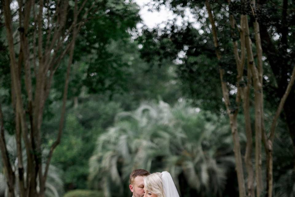 Bride and groom embrace