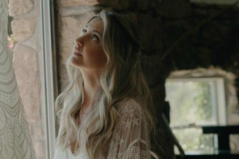 Bride looking at their dress