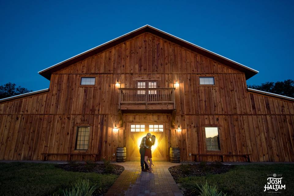 Barn front glows at twilight