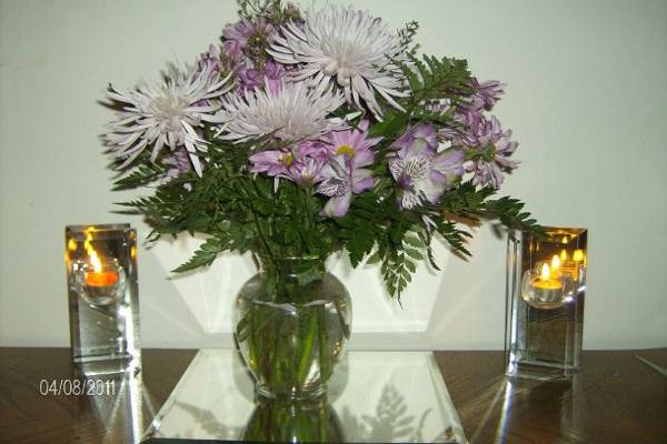 Lavender Fuji mums, purple alstromeria, lavendar daisies and waxflower - vase arrangement