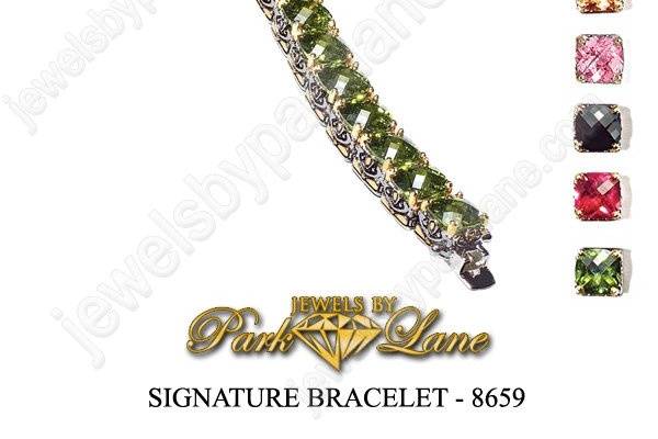 This upscale, designer-inspired ensemble is fashioned from sparkling faceted gems set in two-tone crown settings. Signature color options have expanded to include sapphire blue. Whether you choose the new sapphire, jet black, ruby red, olivine green, golden topaz, pink or amethyst purple, Signature ensemble is a show-stopper…any way you look at it!
