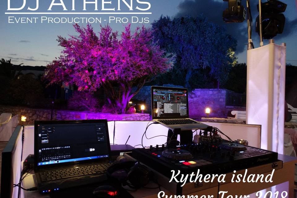 Behind the decks of Dj Athens Wedding entertainment company in Greece. Wedding Party in Kythera island