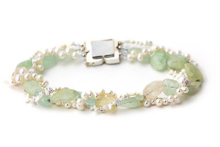 Aquamarine dreams by Emily Kuvin Jewelry Design: Outstanding aquamarine nuggets with two strands of pearls. Large sterling silver clasp with mother of pearl inlay and inspiring engraving on the back.