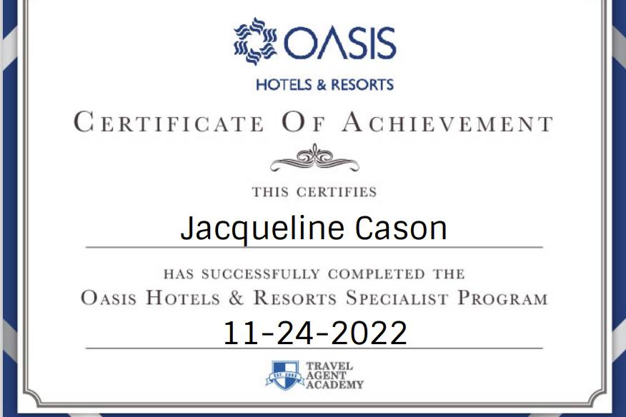 Oasis Resorts Certification