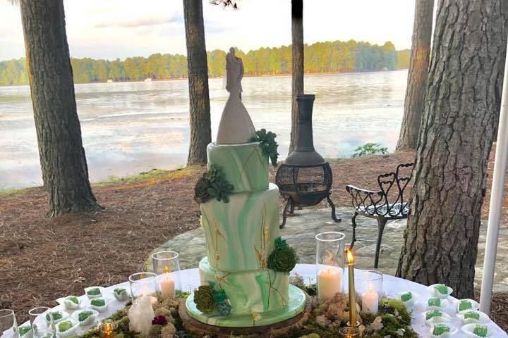 Dessert Table with Marbled Cake, Succulents and Petitie Fours