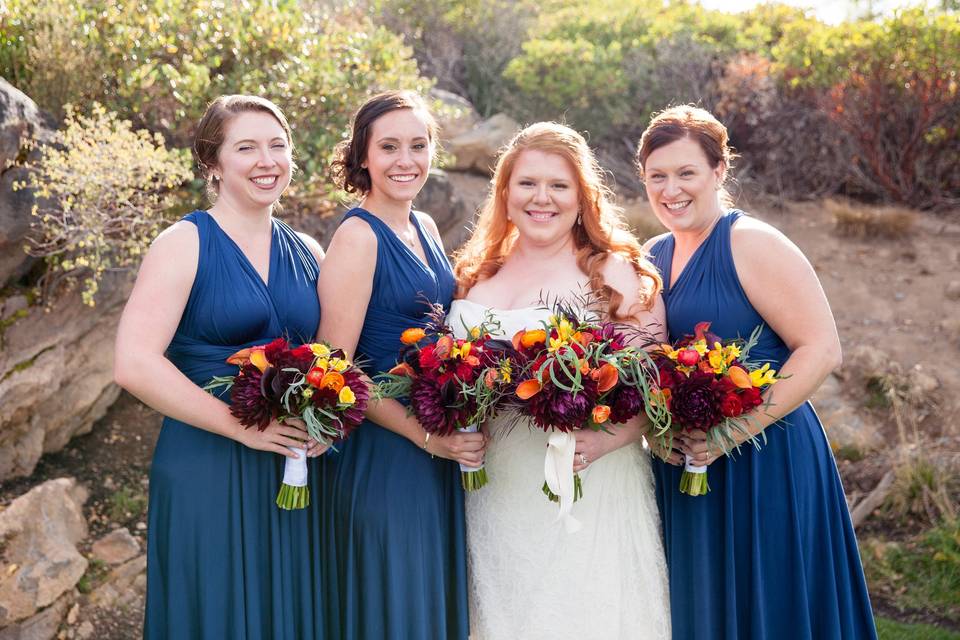 Posing in blue and white dresses