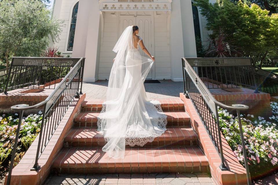 Wide angle shot. Church&Bride