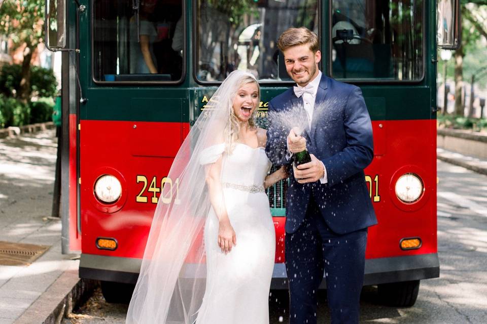 Couple photo in front of a tram