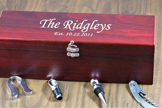 An engraved wine box with accessories make the best gift for the wine lover in your wedding party, only $39!