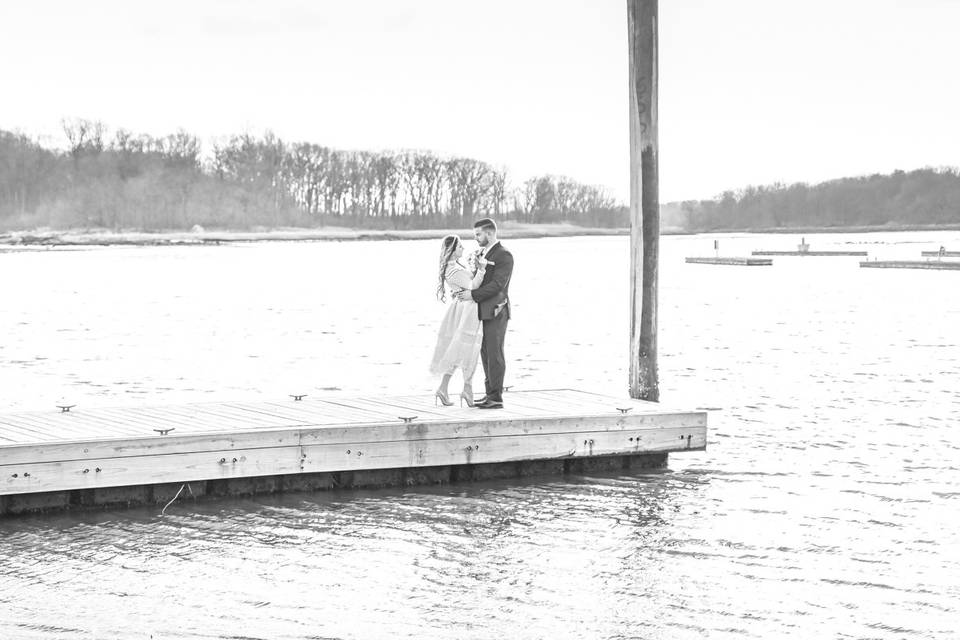 Newlyweds on a dock