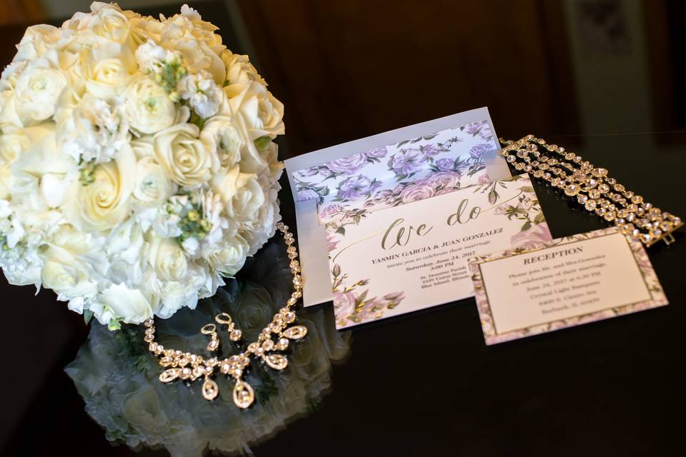 Wedding flowers and invitation
