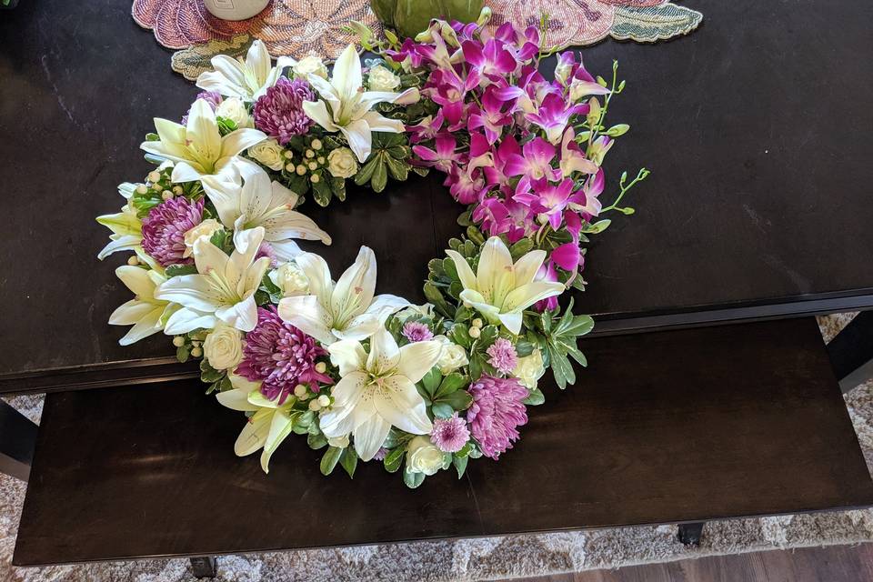 A heart-shaped floral wreath