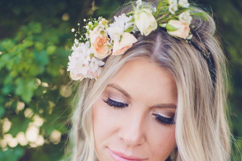 Bride with flower head band and braids hair
