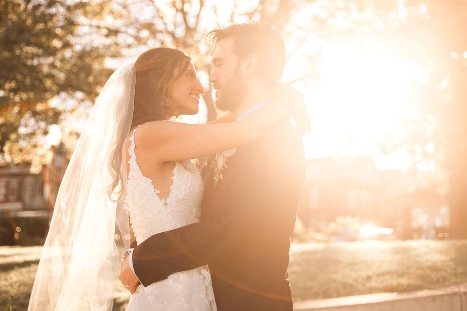 Bride and Groom with sunflare