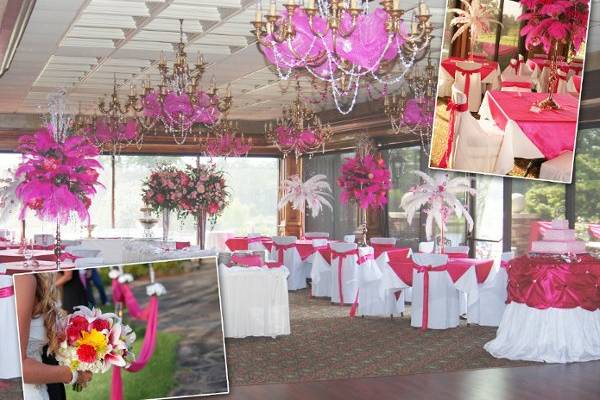 Picture contains a fresh mixed wedding bouquet, feather table top arrangements, chair covers with hot pink ties, table cloths with hot pink toppers, decorated chandeliers, and a princess cake table. All available at Love's Flower and Gift Shop.
