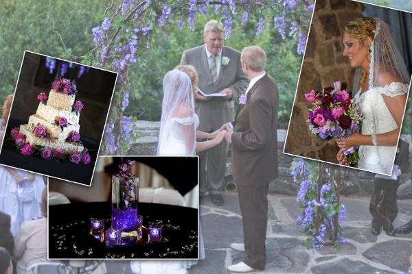 Picture contains an arch decorated with purple westeria, a purple spring mix bouquet, purple orchids in lighted aqua beads and a brides cake decorated with purple roses.