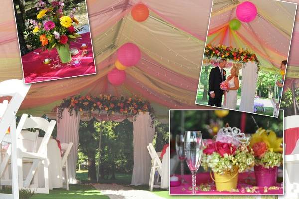 Picture contains a tent decorated with lights and multi colored tulle and paper lanterns, lighted column arch with bright summer flowers, and two styles of vibrant centerpieces all available at Love's Flower SHop
