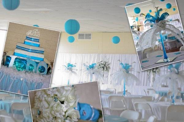 Picture contains blue and white feather arrangements in stanga vases, blue paper lanterns hanging from the ceiling, lighted feather and satin cake table, white table cloths with blue satin toppers, white curtain backdrops, and a brides bouquet of white roses and sttephanotis and blue rhinestones. All available at Love's Flower and Gift Shop.
