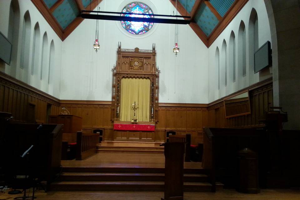 The stage/altar area in the Sanctuary