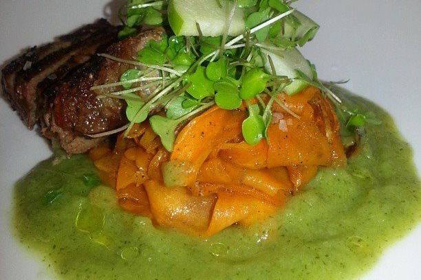 New york strip steak, with roasted sweet potatoes in a sage butter and a puree of broccoli and leeks