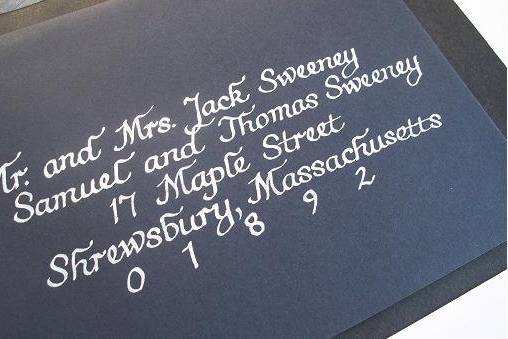 Latest Job: Navy Envelopes with White Ink Lettering. Gorgeous!