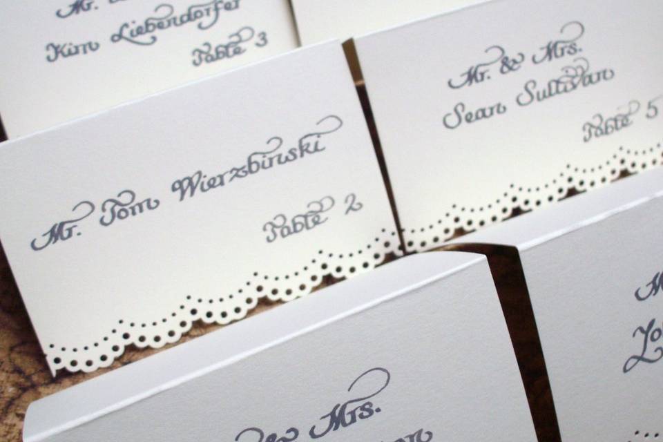 Wedding Reception Calligraphy - Grey Ink on Cream Place Cards: punched-out bottoms of the cards made them look like lace for this vintage wedding.