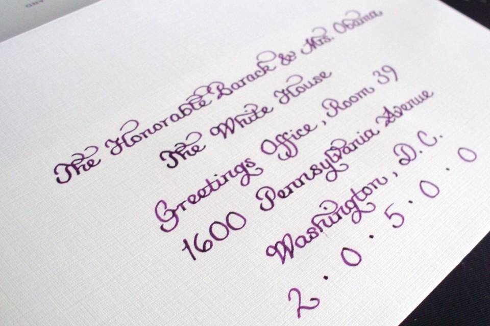 Wedding invitation envelope calligraphy addressing in magenta ink.
TIP: if you have an extra invite, address to the President to get something fun!