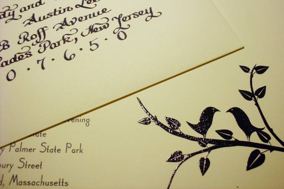 Calligraphy for wedding invitations - navy blue ink on cream envelopes to match the embossed design and invite text inside the envelope.