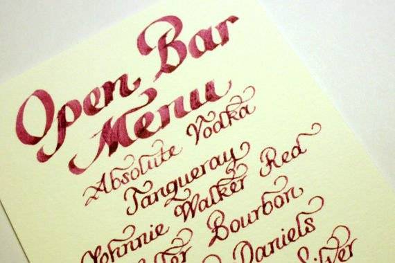 Open bar at your reception? Let guests know what alcohol is available with a calligraphy open bar menu!