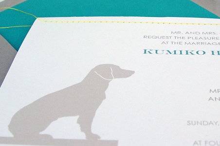 Custom Beagle Silhouette invitation front with yellow thread stitched detail and custom beagle silhouette envelope liner