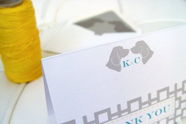 Custom Beagle silhouette thank you cards with geometric design. Custom beagle silhouette envelope liner.