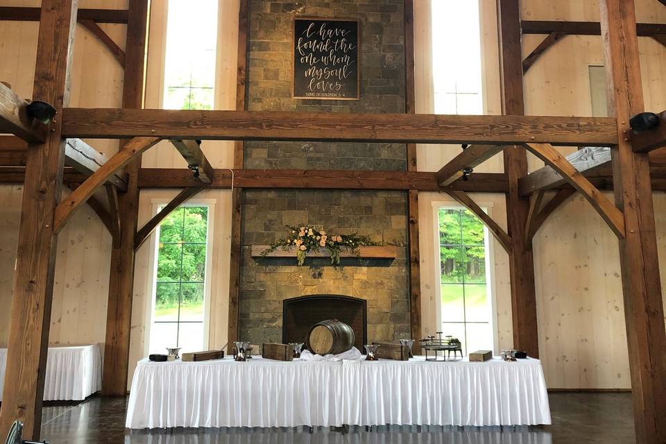 Soaring stone/gas fireplace!