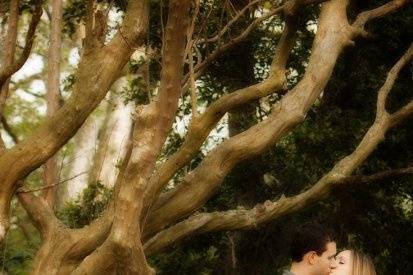 Engagement session at Eleanor Tinsley Park with Downtown Houston skyline at dusk.