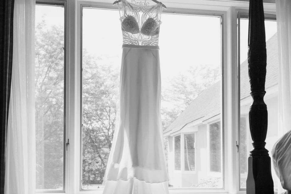 Beautiful photo of the bride's dress in our suite