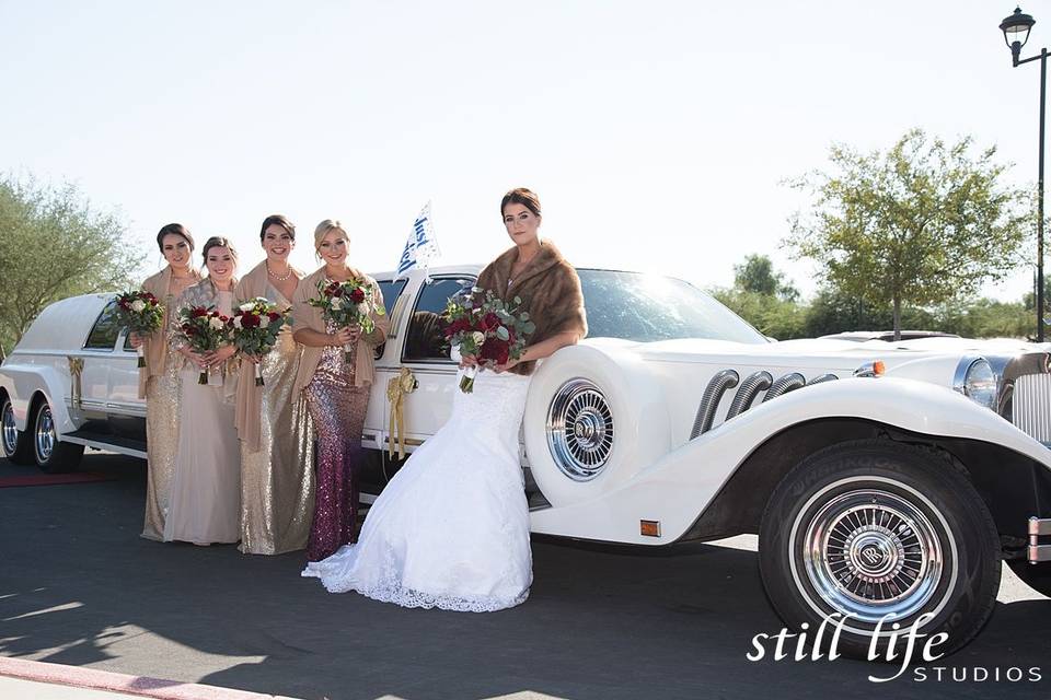 Bridal party by the car