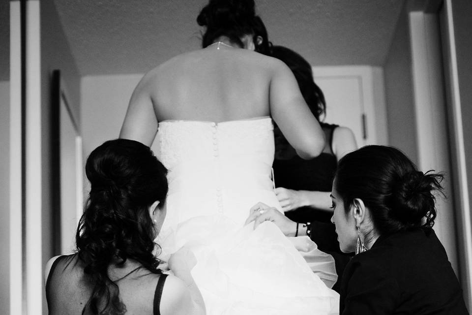 Jinny's bridesmaid and I helping her with her bustle.