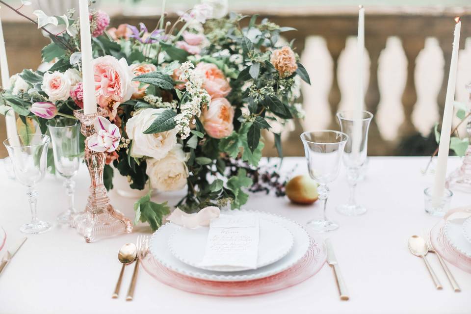 Table setting and floral centerpiece