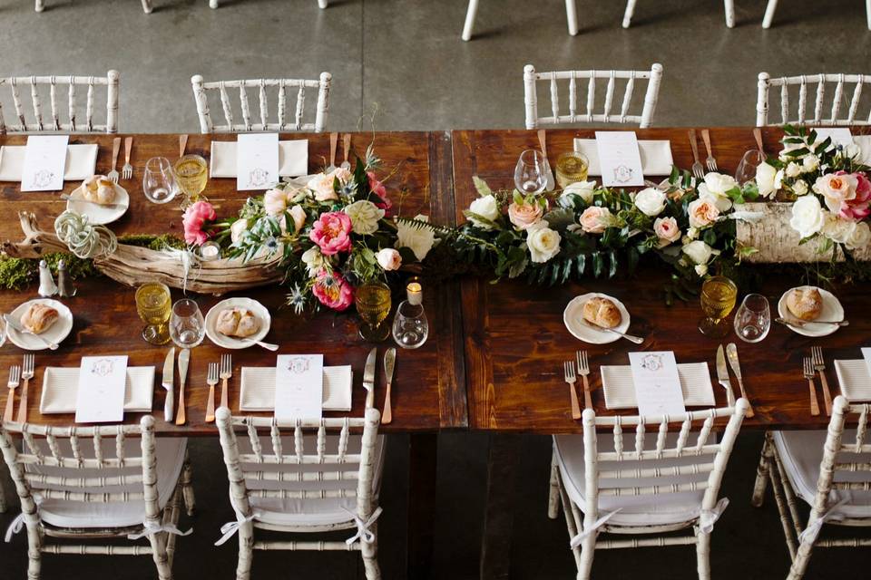 Long table set up with centerpiece