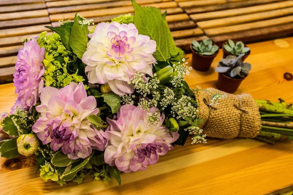 Bridal bouquet, variegated dahlias, lavender and white