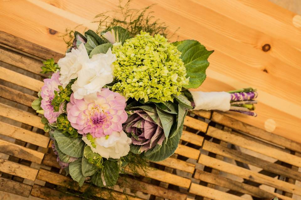 Hand-tied bridal bouquet - dahlias, hydrangea, lisianthus